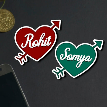 Cupid Heart Name Magnet in Wood with Cursive Couple Print Design - Sblossom