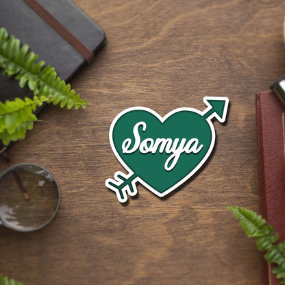 Cupid Heart Name Magnet in Wood with Cursive Couple Print Design - Sblossom
