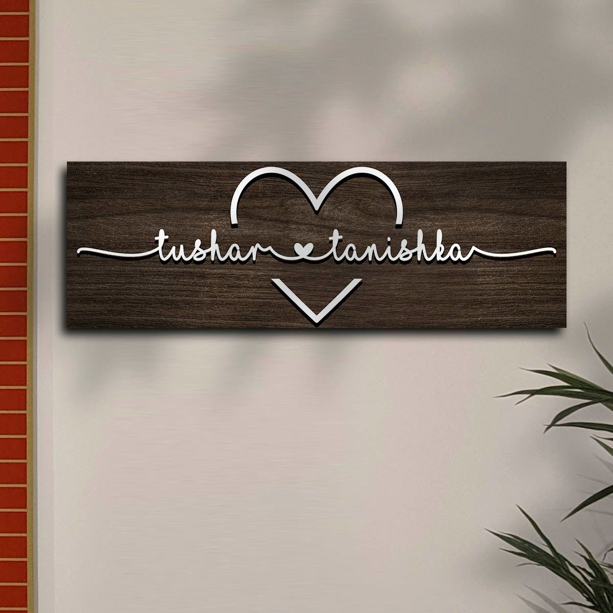 Custom Wooden Name Plate – Slim Couple Heart in 3D - Sblossom