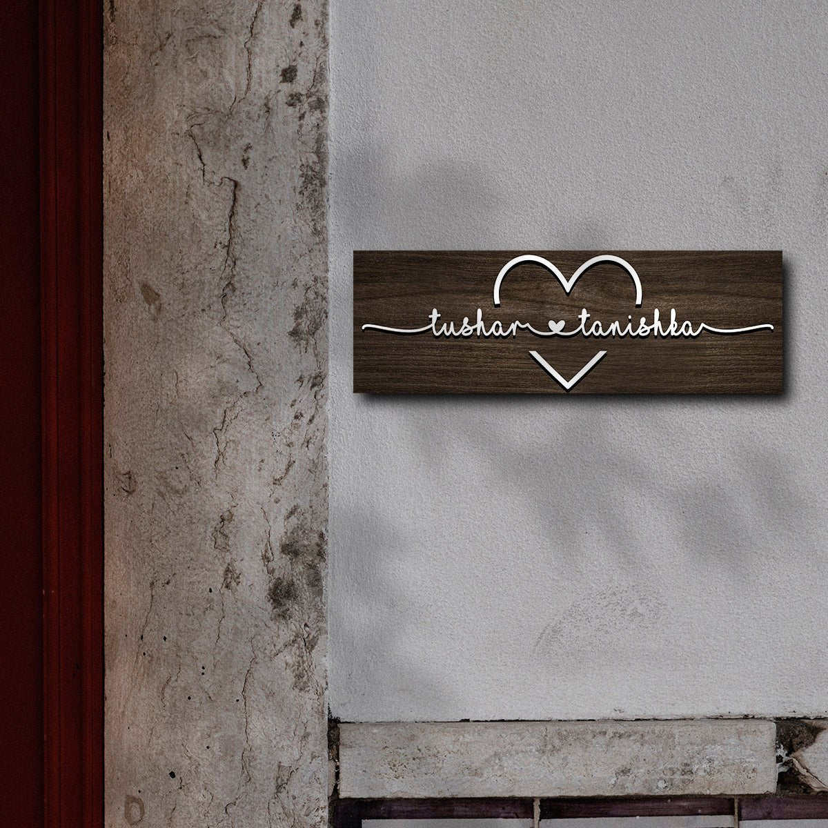 Custom Wooden Name Plate – Slim Couple Heart in 3D - Sblossom