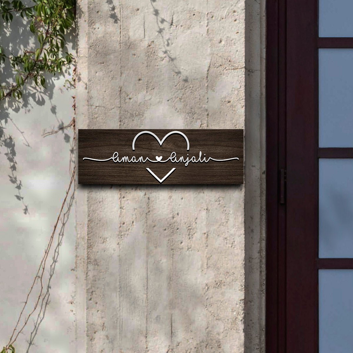 Custom Wooden Name Plate – Slim Couple Heart in 3D - Sblossom