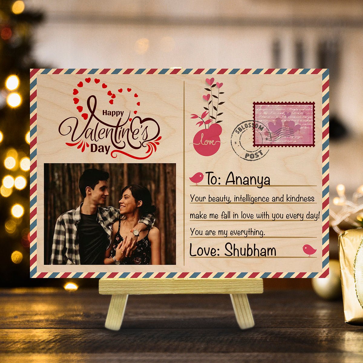 Custom Wooden Postcard with Personalized Photo and Stamp Design - Sblossom
