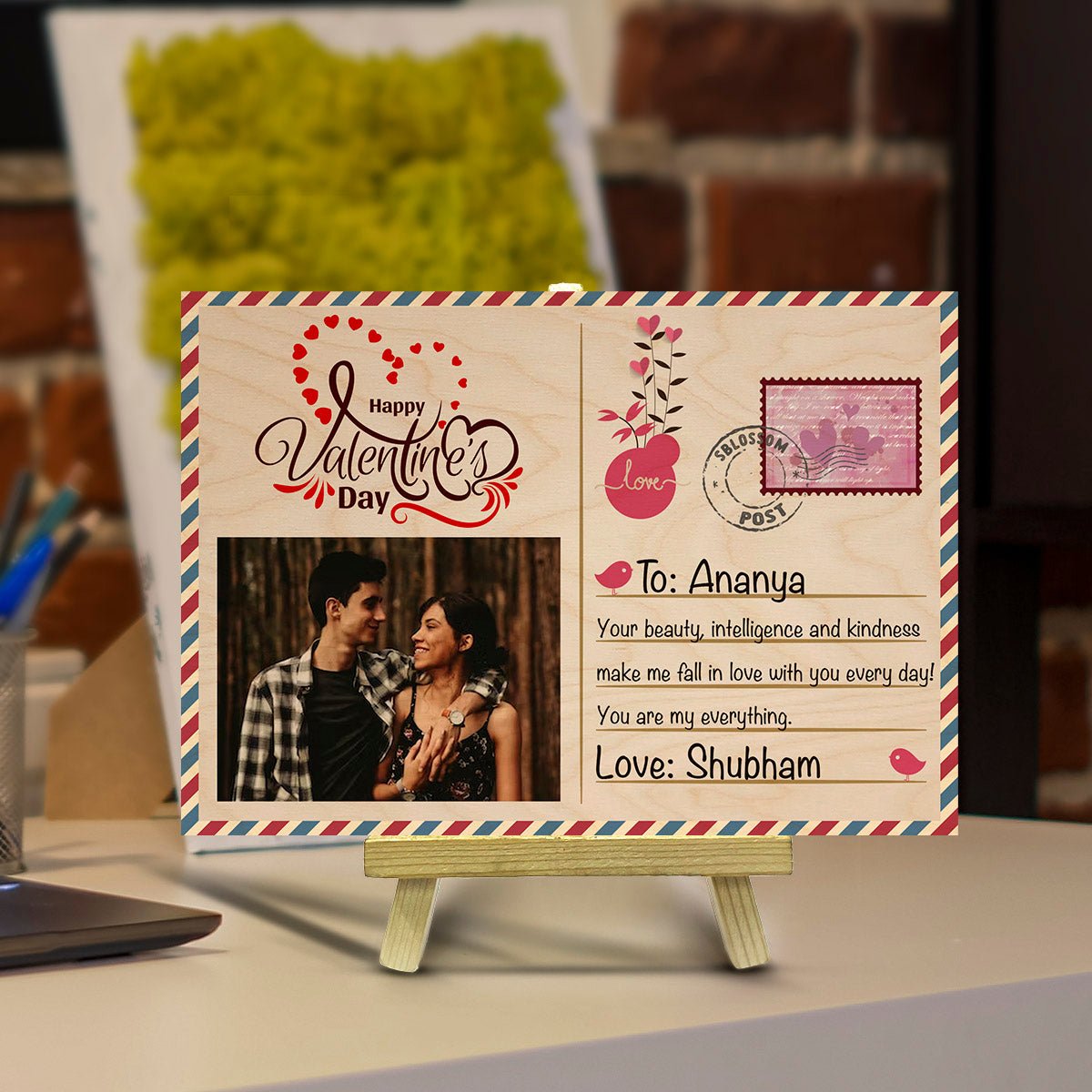 Custom Wooden Postcard with Personalized Photo and Stamp Design - Sblossom