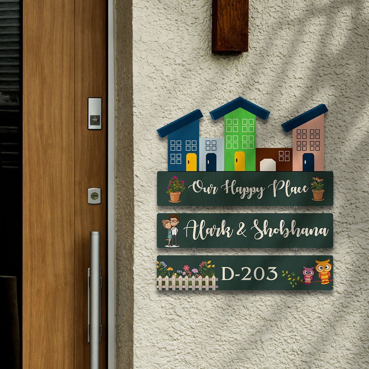 Customise Wood Name Plate – Happy Place for Entrance - Sblossom