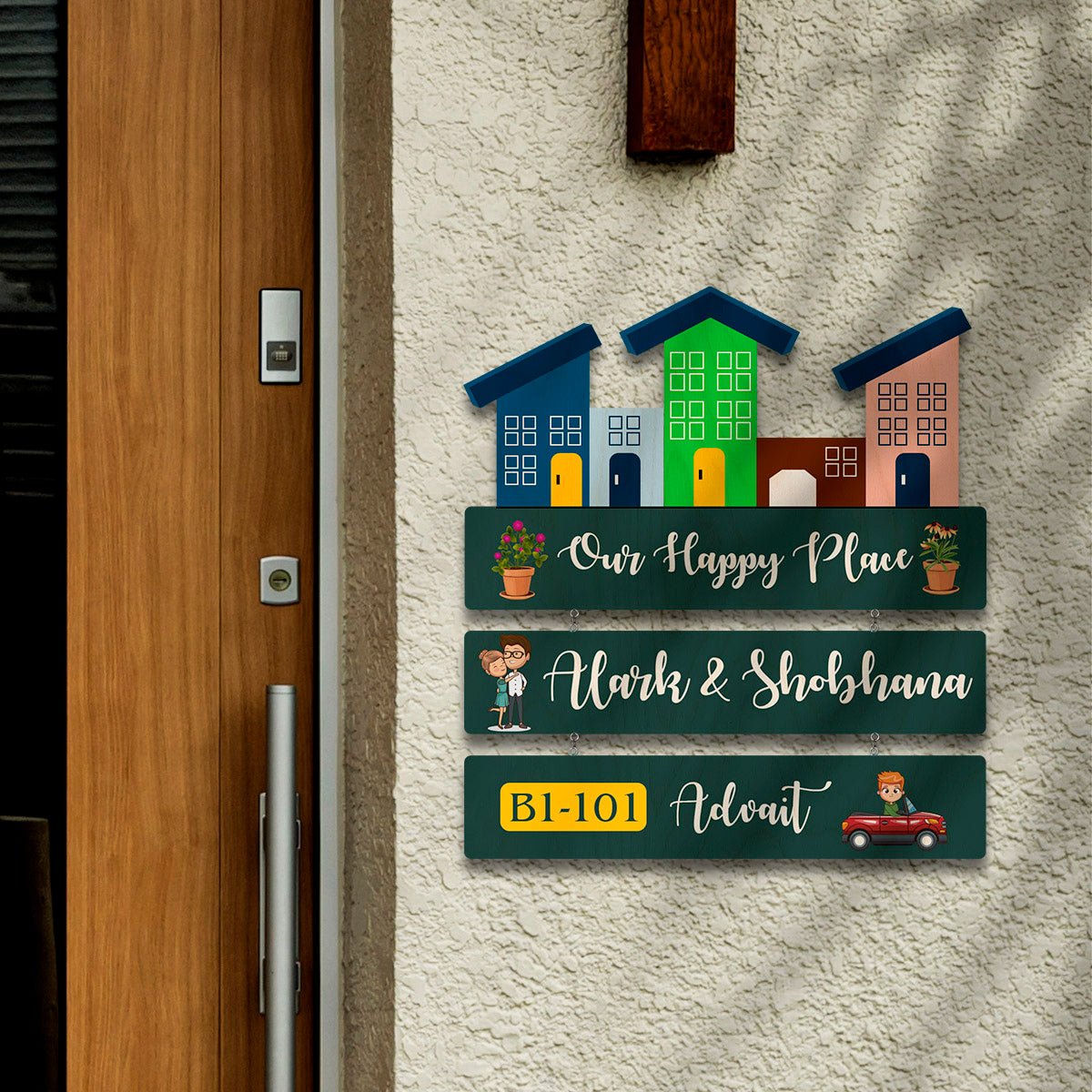Customise Wood Name Plate – Happy Place for Entrance - Sblossom
