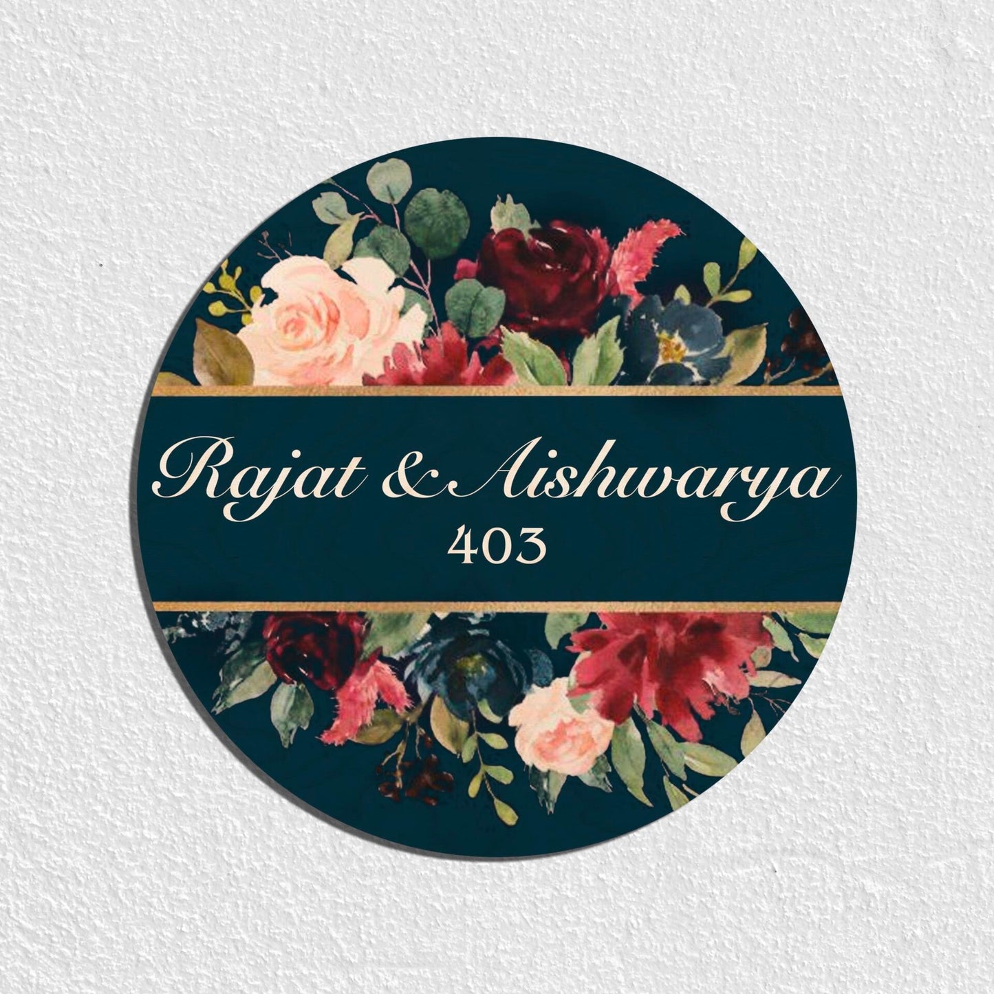 Customised Name Plate Design – Navy Floral Gold Band - Sblossom