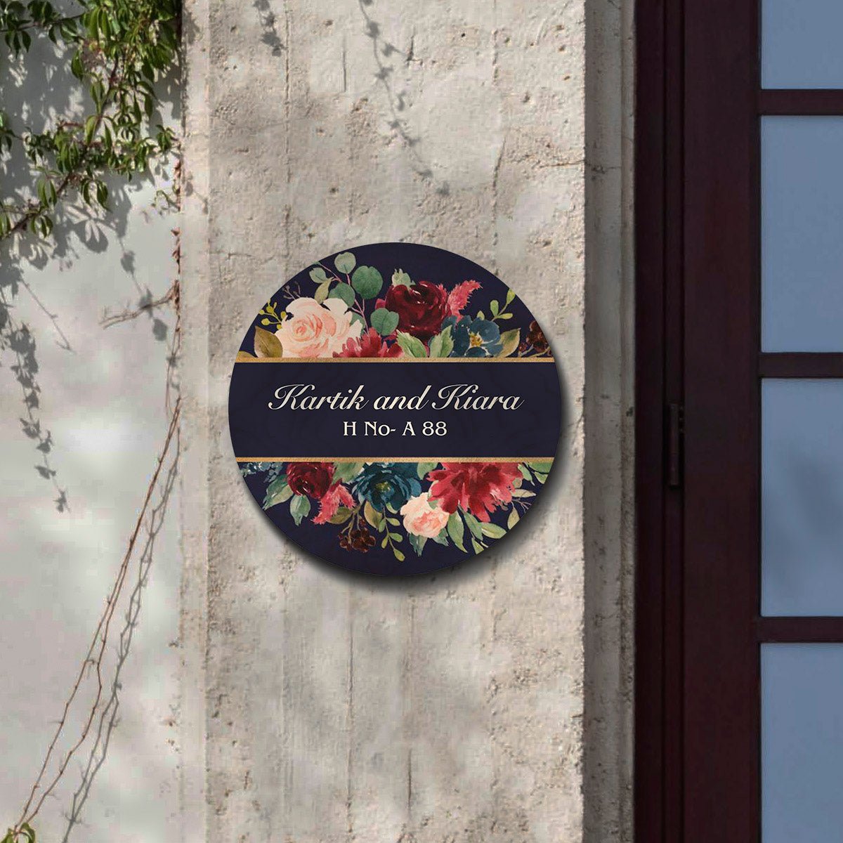 Customised Name Plate Design – Navy Floral Gold Band - Sblossom