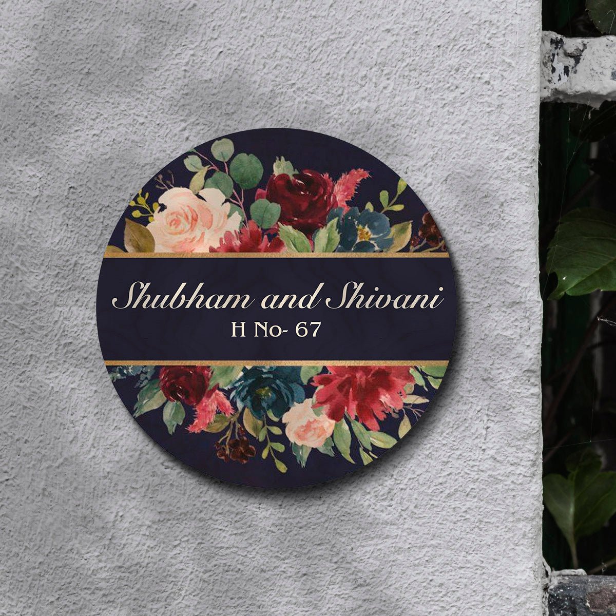 Customised Name Plate Design – Navy Floral Gold Band - Sblossom