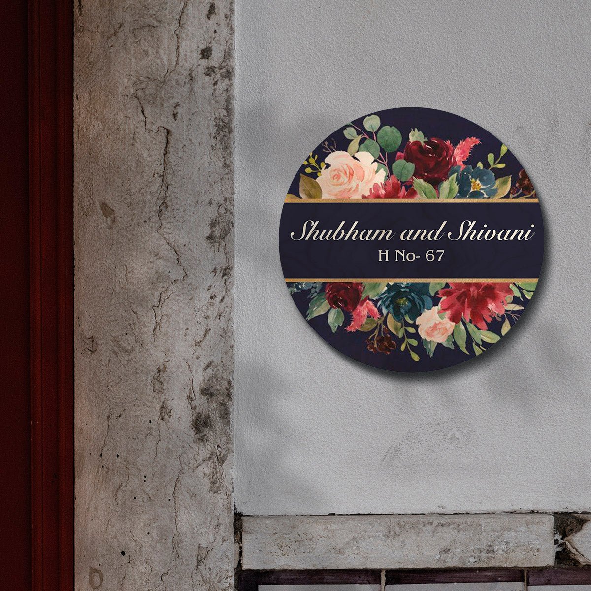 Customised Name Plate Design – Navy Floral Gold Band - Sblossom