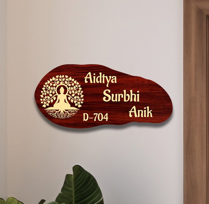 Customize Name Plate for Home – Maroon Buddha Tree 3D - Sblossom