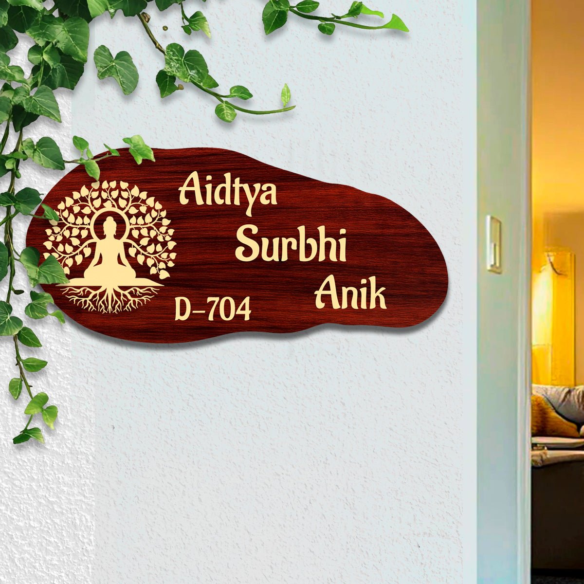 Customize Name Plate for Home – Maroon Buddha Tree 3D - Sblossom