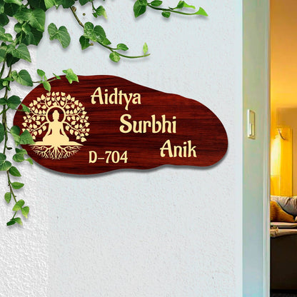 Customize Name Plate for Home – Maroon Buddha Tree 3D - Sblossom