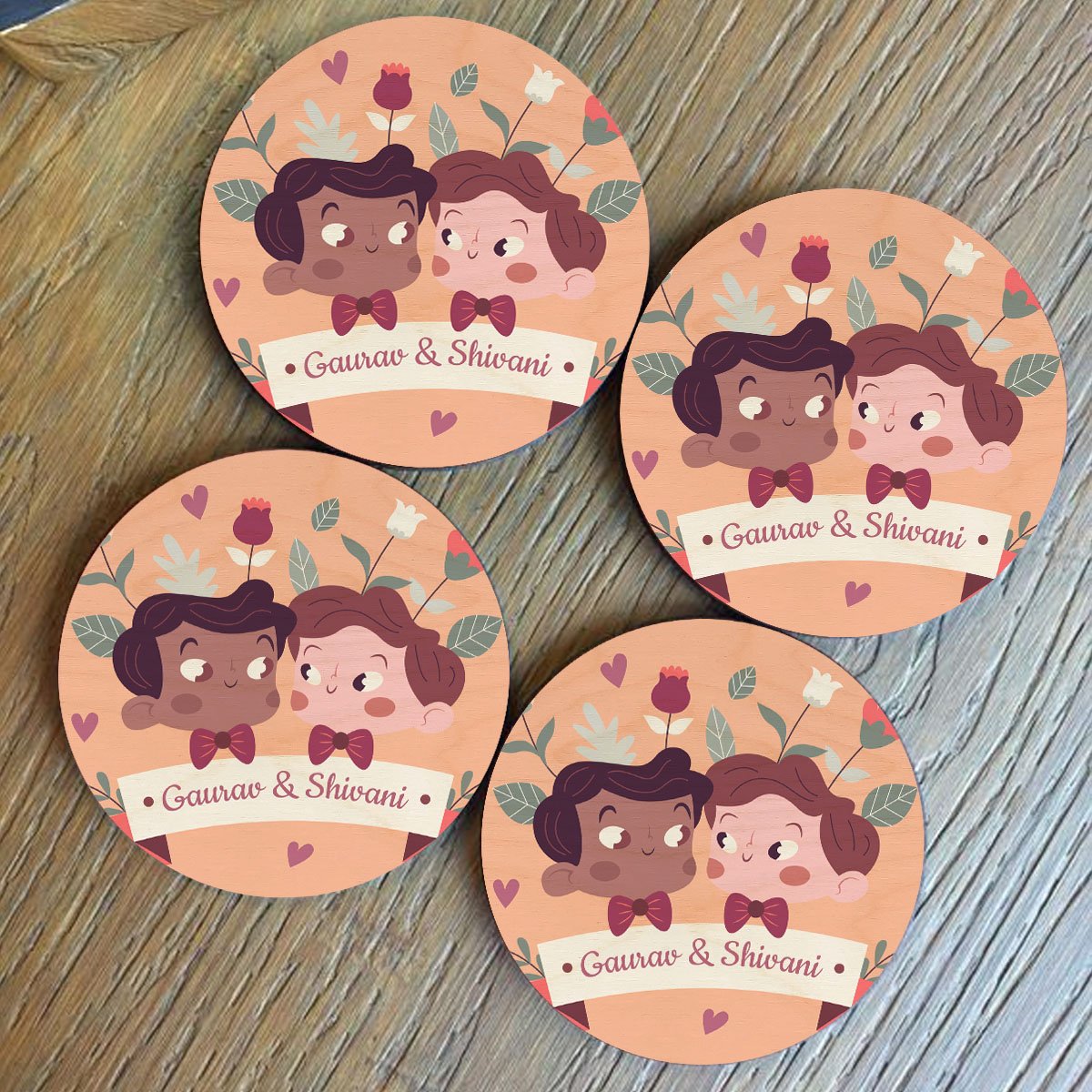 Cute Couple Photo Coasters – Personalized Round Wood Set - Sblossom