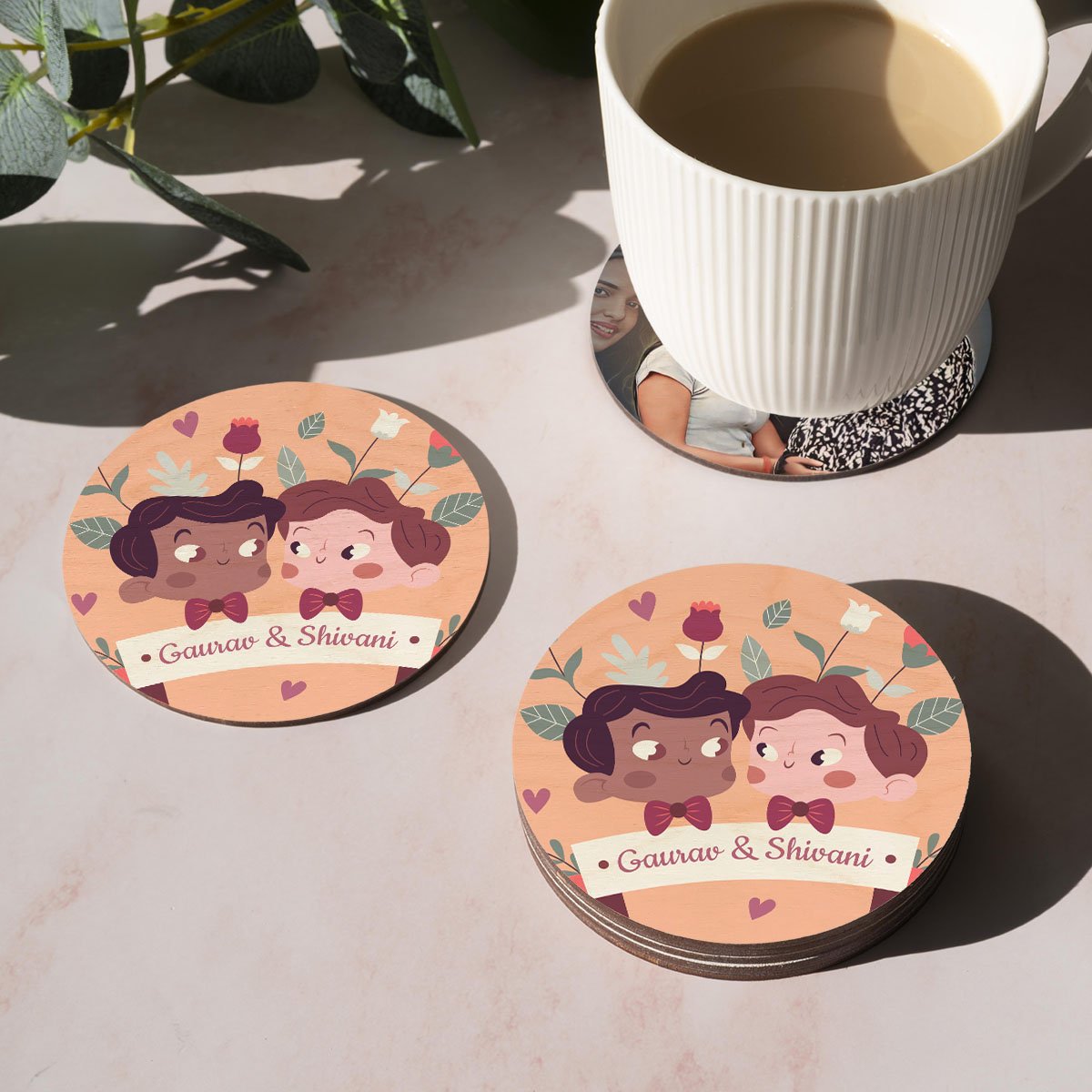 Cute Couple Photo Coasters – Personalized Round Wood Set - Sblossom