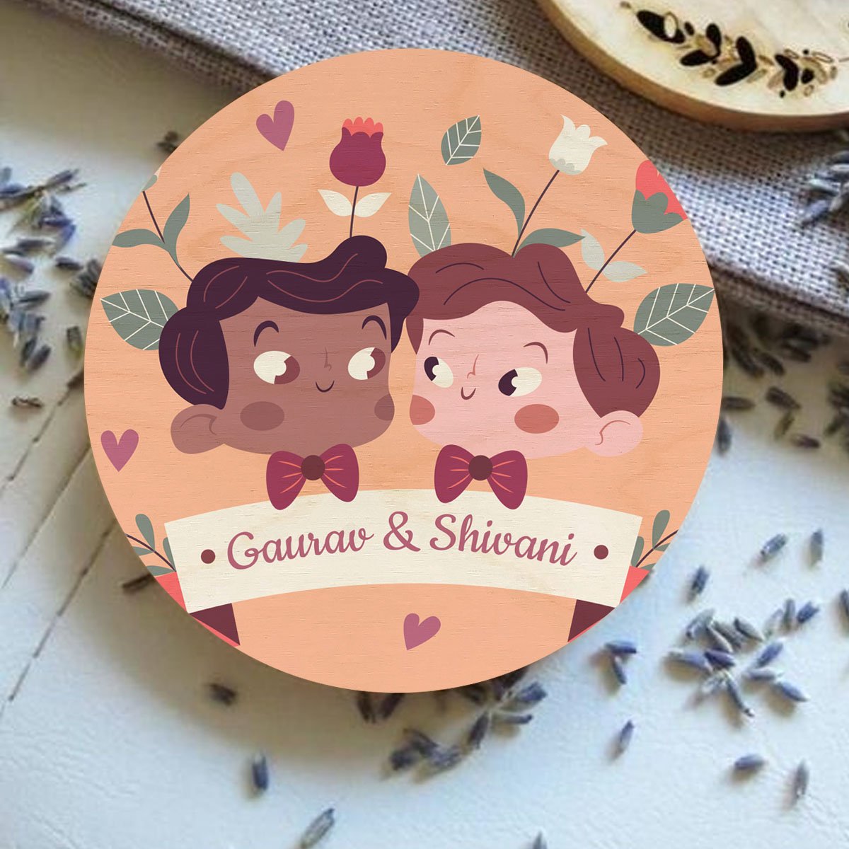 Cute Couple Photo Coasters – Personalized Round Wood Set - Sblossom