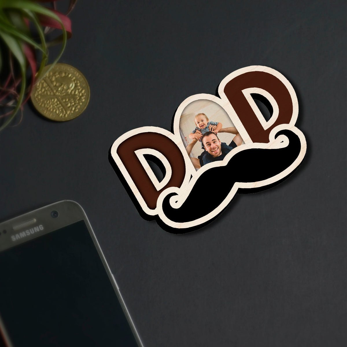 Dad Letter Cutout Magnet in Wood with 3D Photo Mustache Design, 4x3.5 Inch - Sblossom