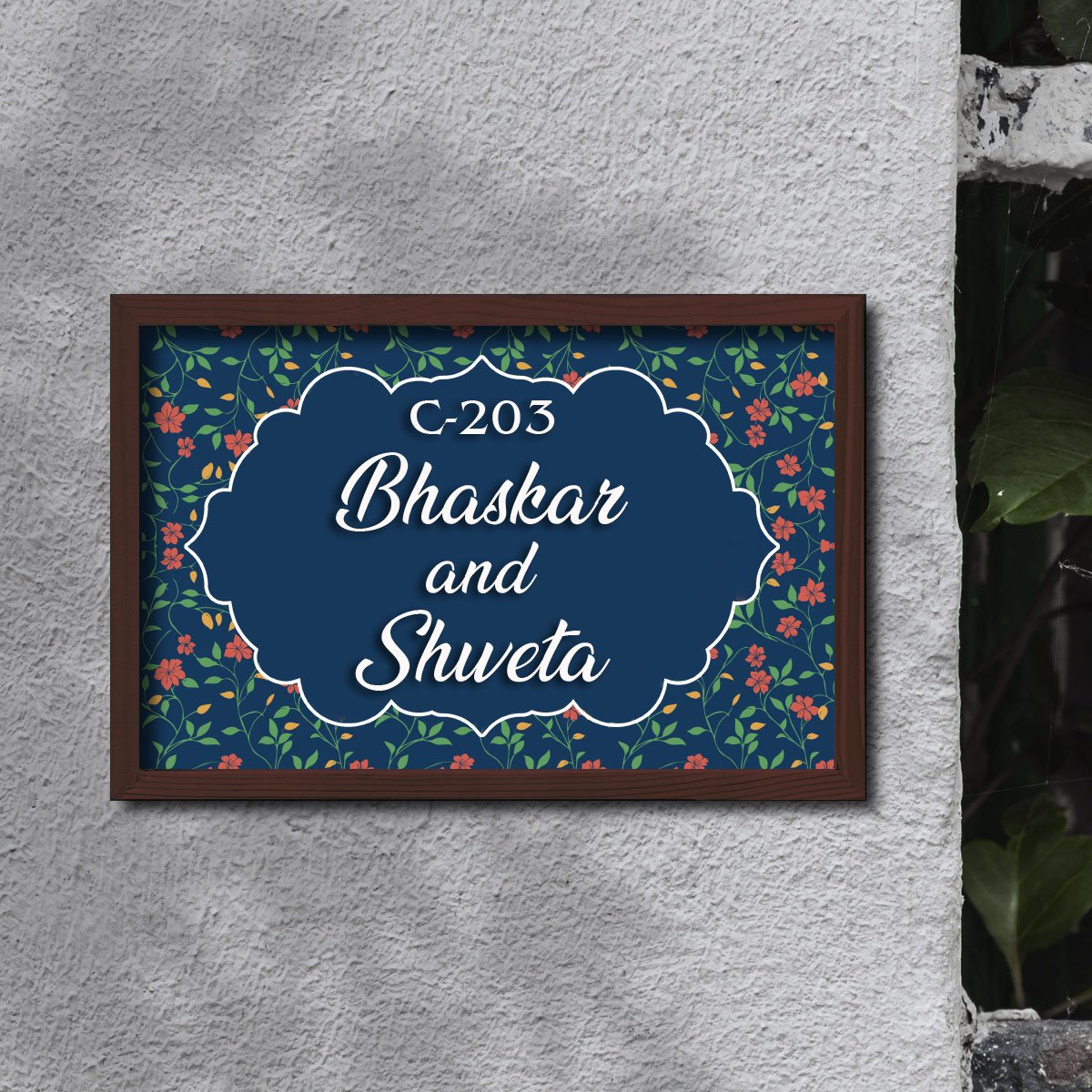 Dark-Floral Fancy Wooden Name Plate Design for Entrance - Sblossom