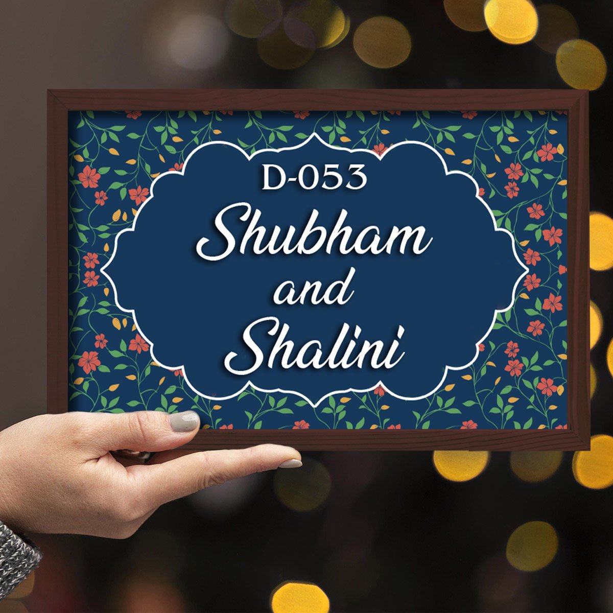 Dark-Floral Fancy Wooden Name Plate Design for Entrance - Sblossom