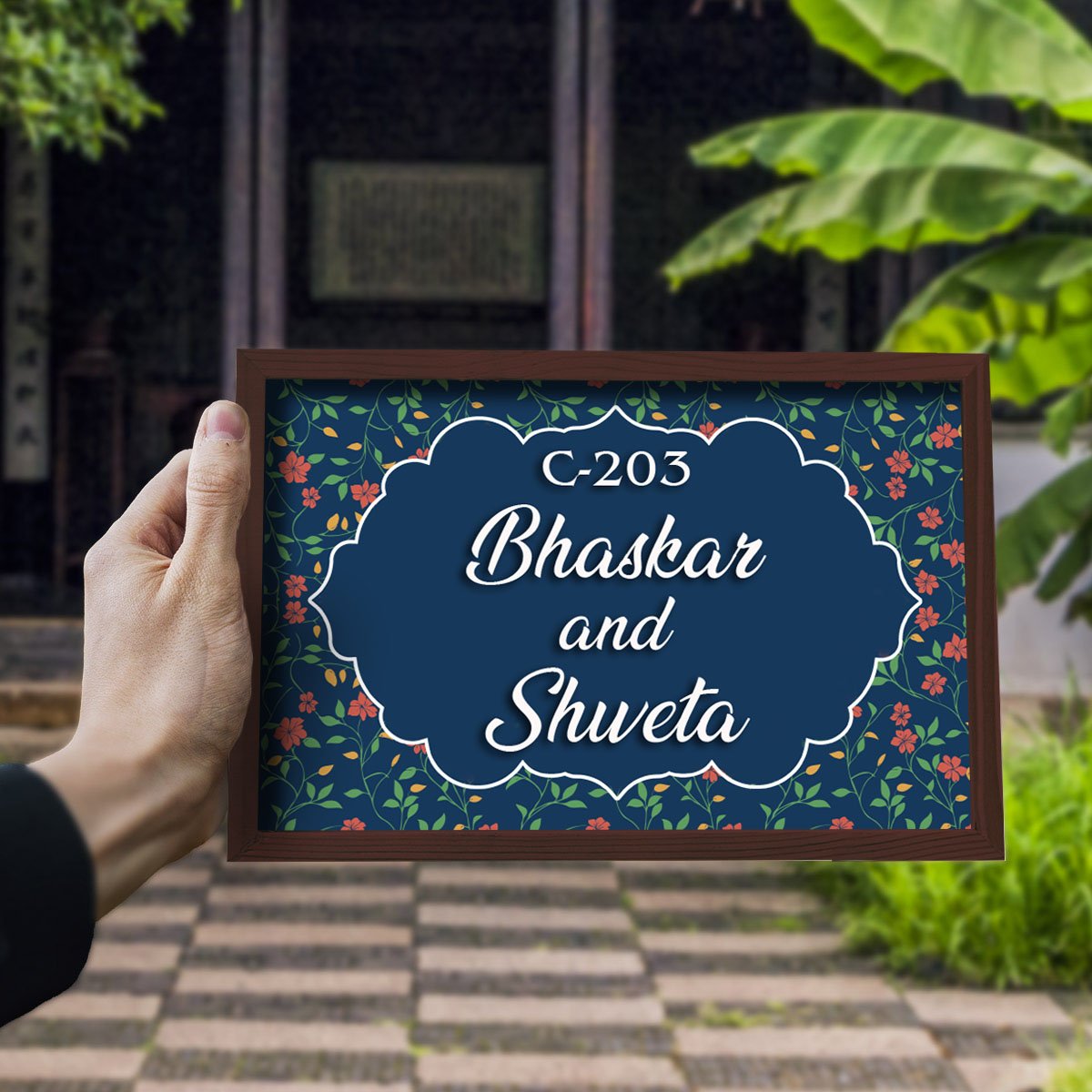Dark-Floral Fancy Wooden Name Plate Design for Entrance - Sblossom