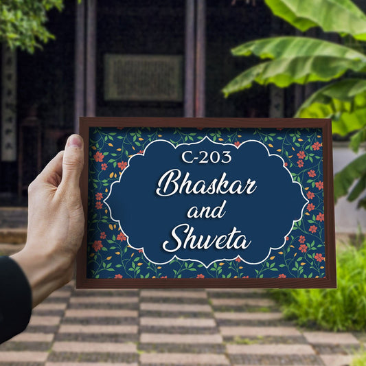 Dark-Floral Fancy Wooden Name Plate Design for Entrance - Sblossom
