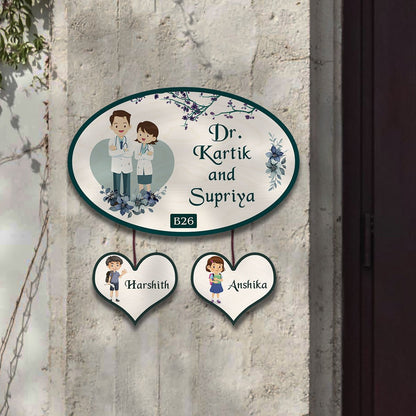Doctor Couple Name Plate – Oval with Kids for Home - Sblossom