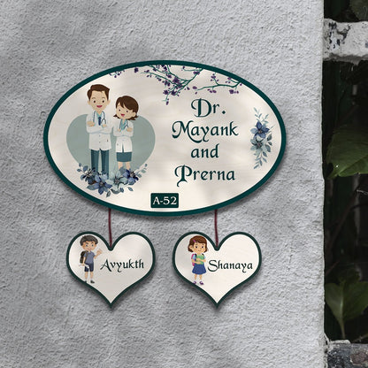 Doctor Couple Name Plate – Oval with Kids for Home - Sblossom