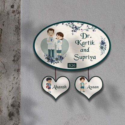 Doctor Couple Name Plate – Oval with Kids for Home - Sblossom