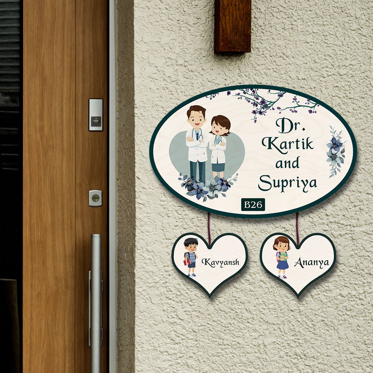 Doctor Couple Name Plate – Oval with Kids for Home - Sblossom
