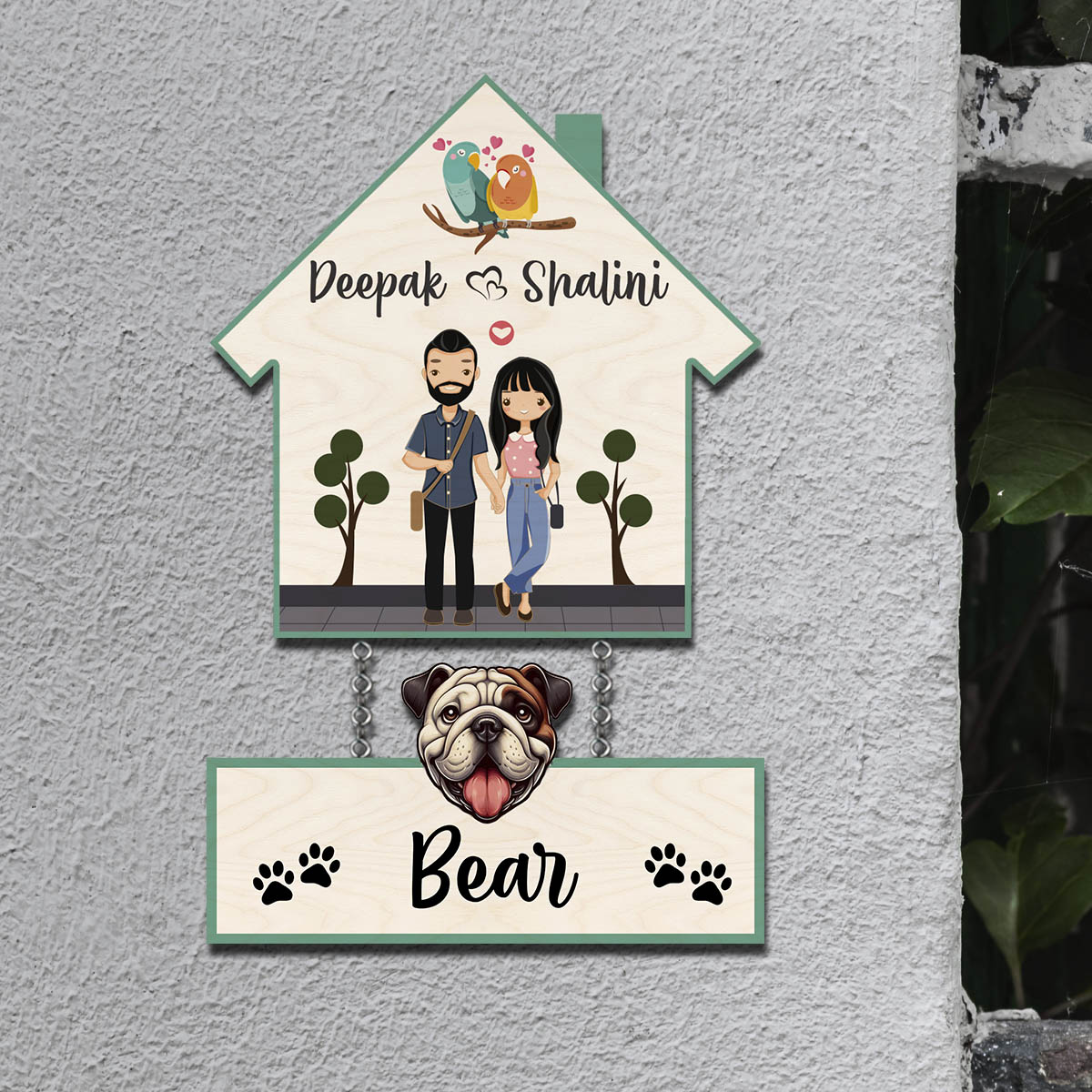 Dog Name Plate with Couple Name– House Hanging Set with Pet Tag - Sblossom