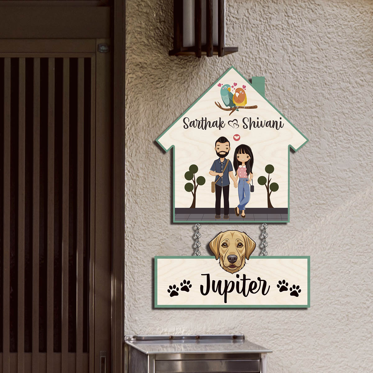 Dog Name Plate with Couple Name– House Hanging Set with Pet Tag - Sblossom