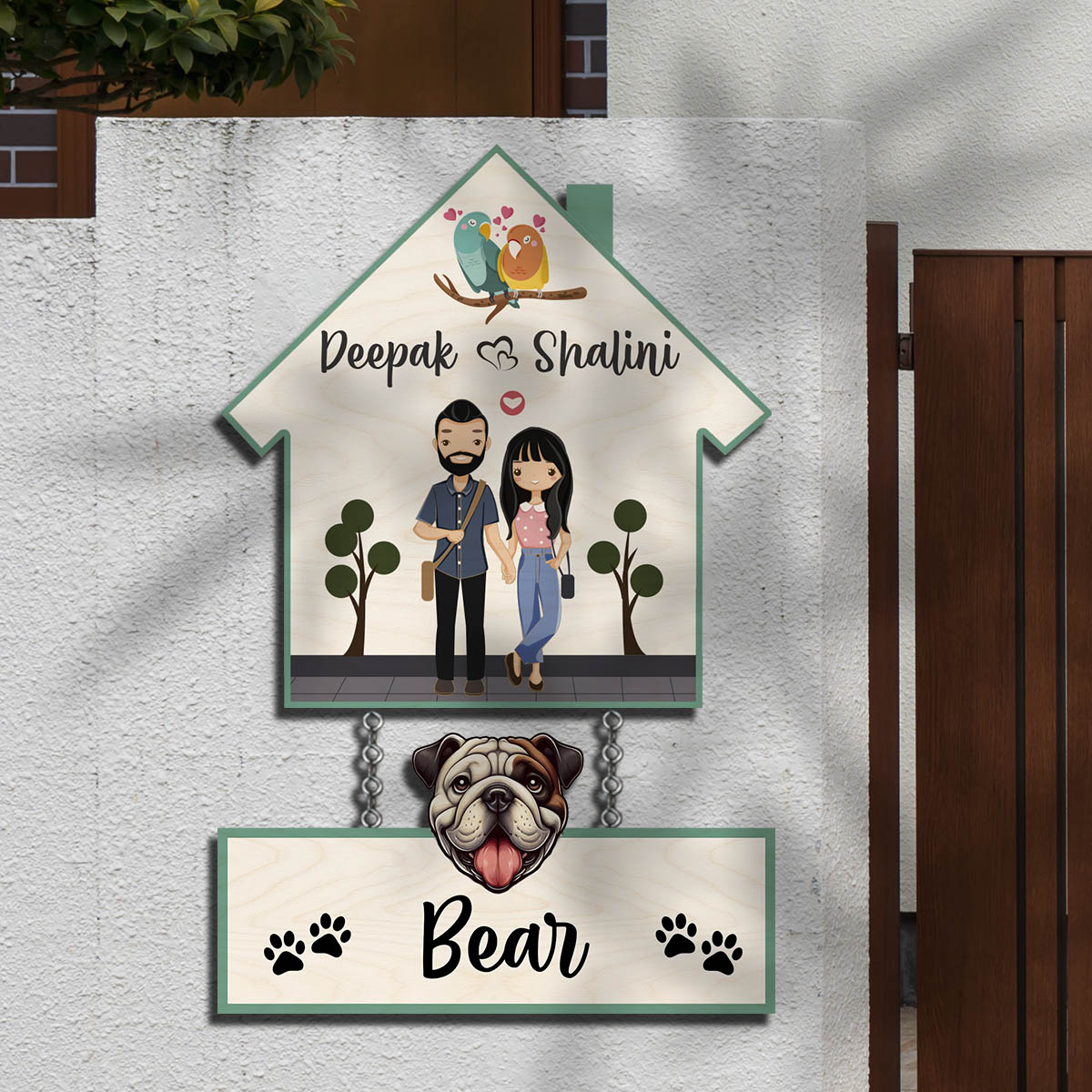 Dog Name Plate with Couple Name– House Hanging Set with Pet Tag - Sblossom