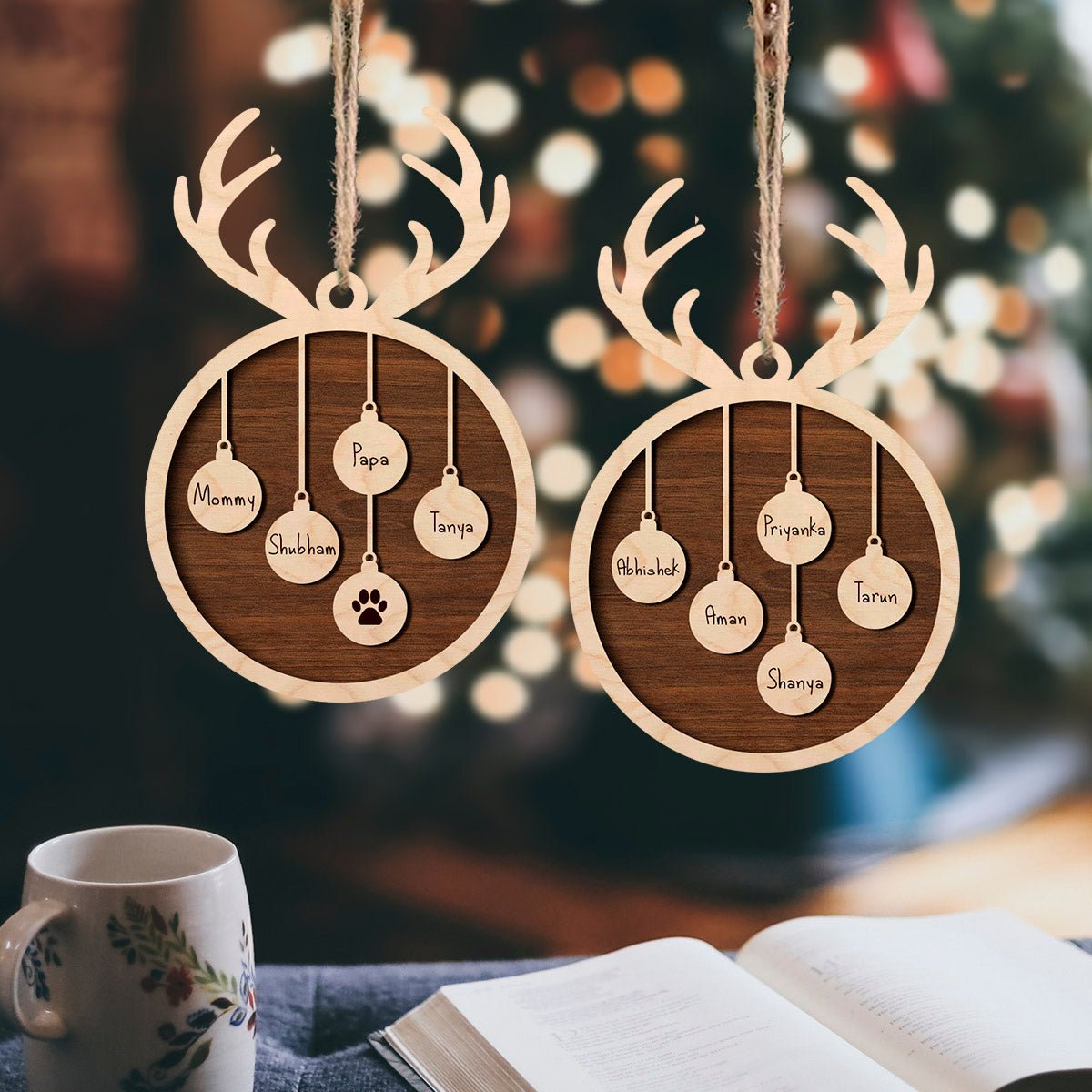 Family Christmas Ornament with Names – Antler Wood Design - Sblossom