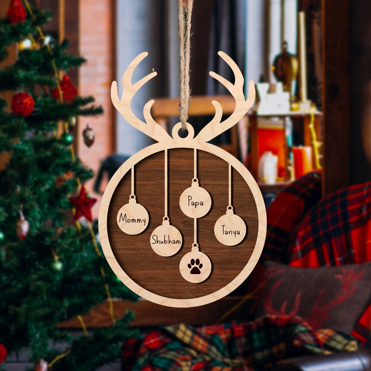 Family Christmas Ornament with Names – Antler Wood Design - Sblossom