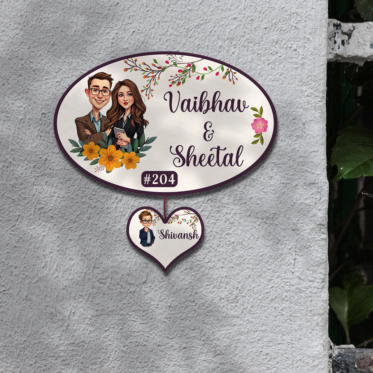 Family Name Board – Oval Caricature with Heart Tag - Sblossom