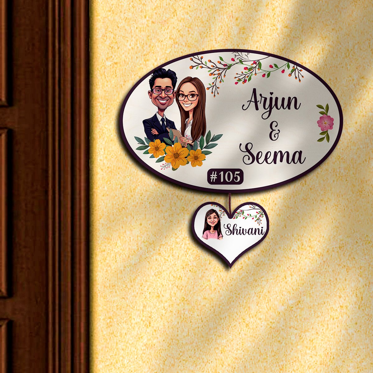 Family Name Board – Oval Caricature with Heart Tag - Sblossom