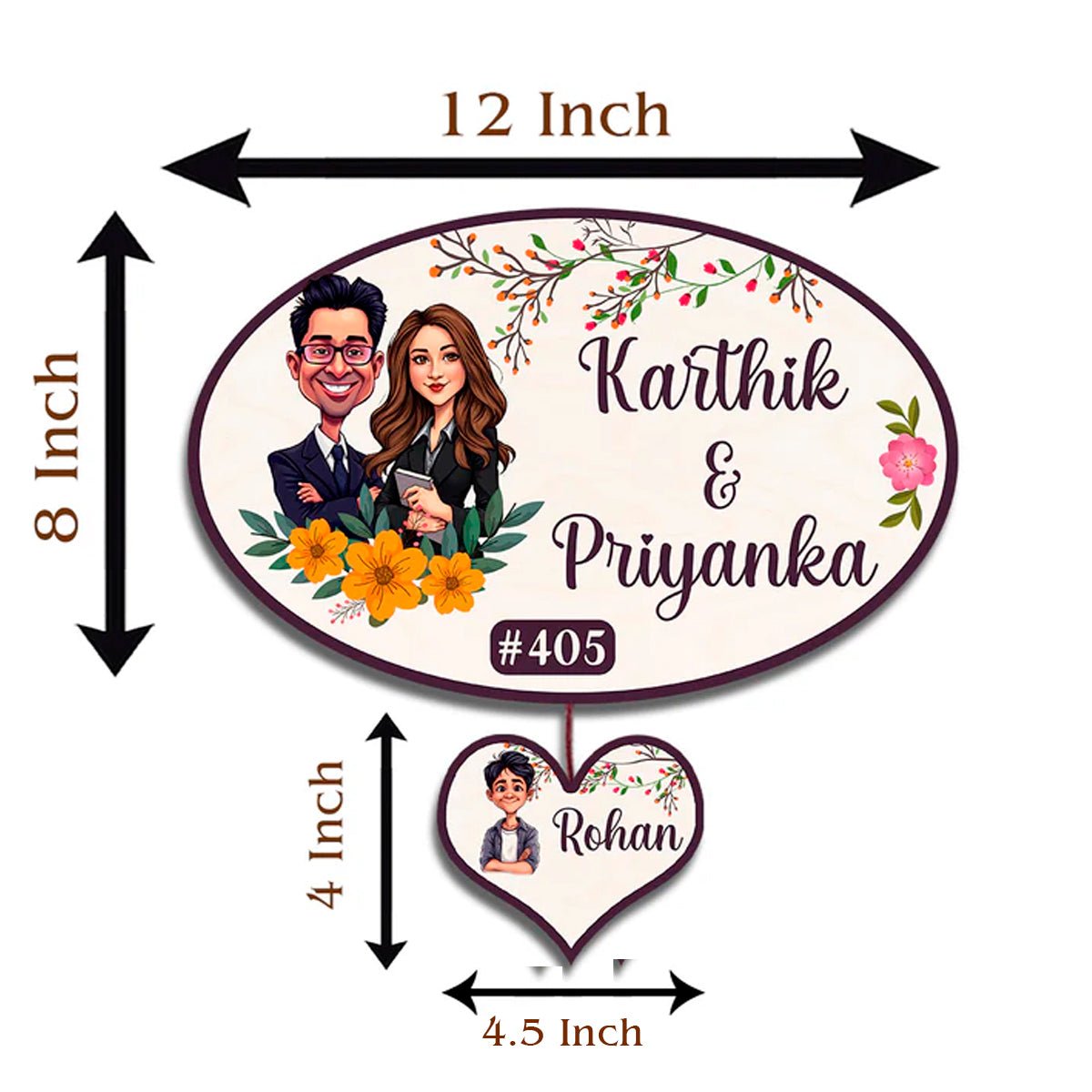 Family Name Board – Oval Caricature with Heart Tag - Sblossom
