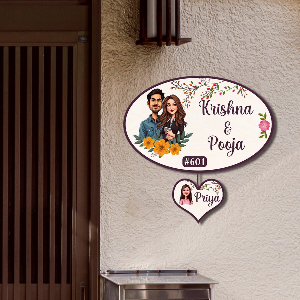 Family Name Board – Oval Caricature with Heart Tag - Sblossom