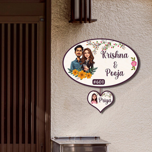 Family Name Board – Oval Caricature with Heart Tag - Sblossom