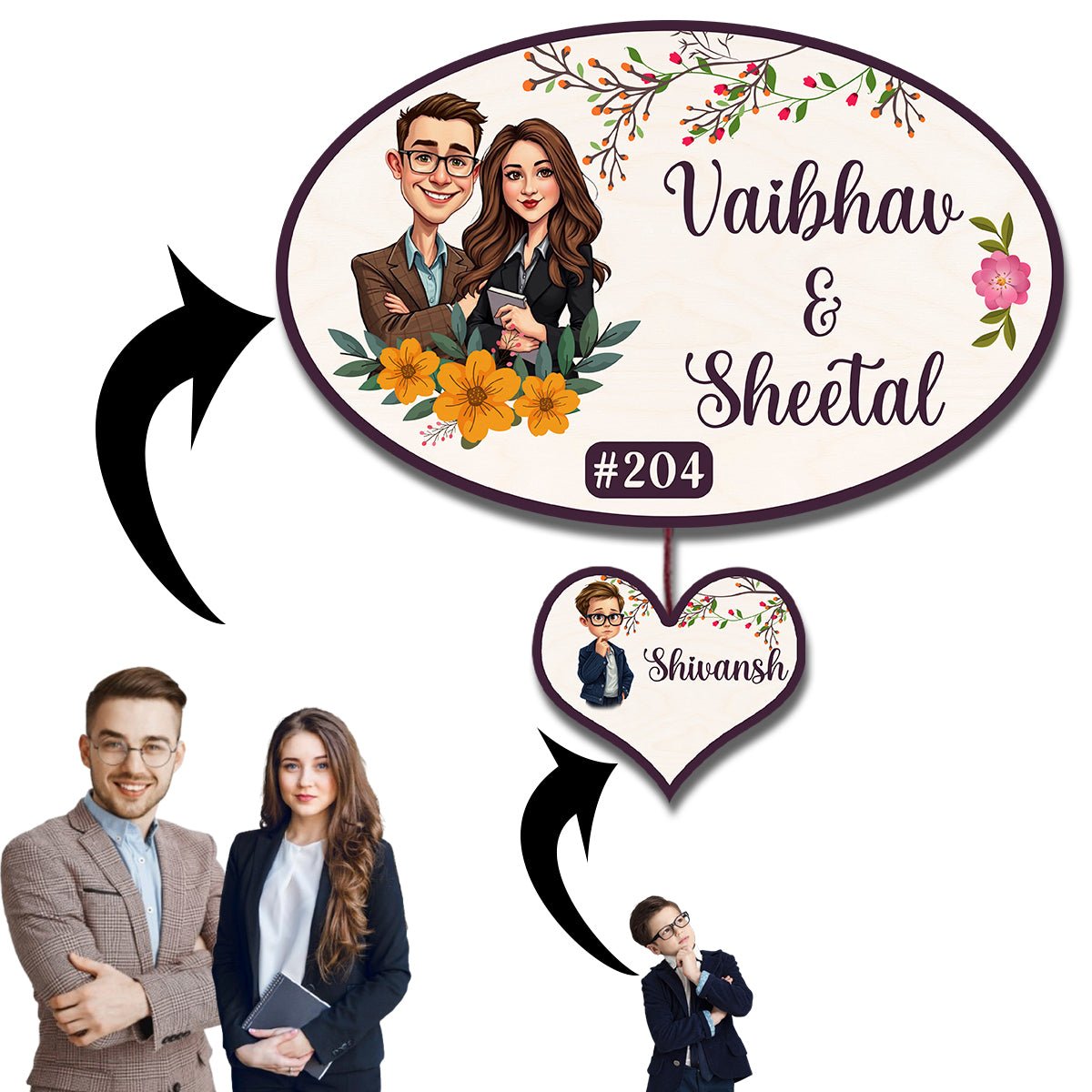 Family Name Board – Oval Caricature with Heart Tag - Sblossom