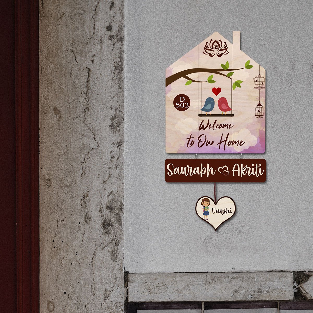 Family Name Plate Artwork – House Shape Lovebird Family - Sblossom
