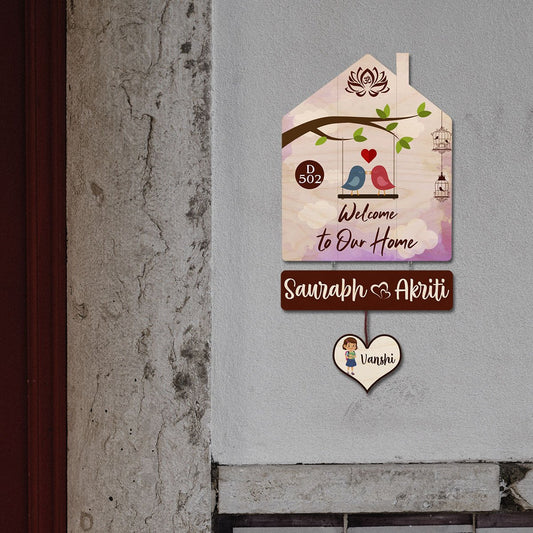 Family Name Plate Artwork – House Shape Lovebird Family - Sblossom