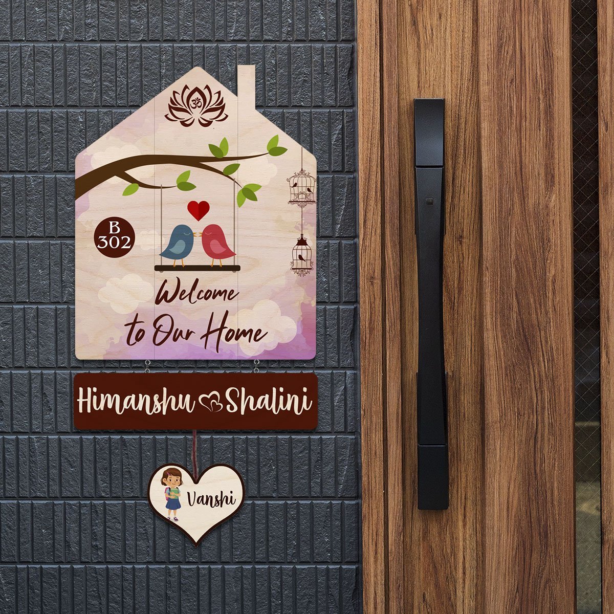 Family Name Plate Artwork – House Shape Lovebird Family - Sblossom