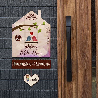 Family Name Plate Artwork – House Shape Lovebird Family - Sblossom