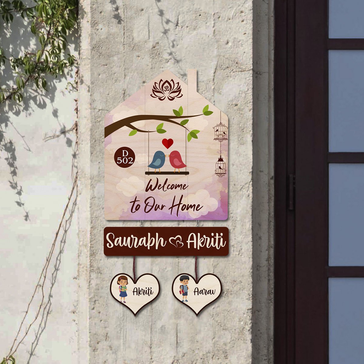 Family Name Plate Decoration – House Shape Family of 4 - Sblossom