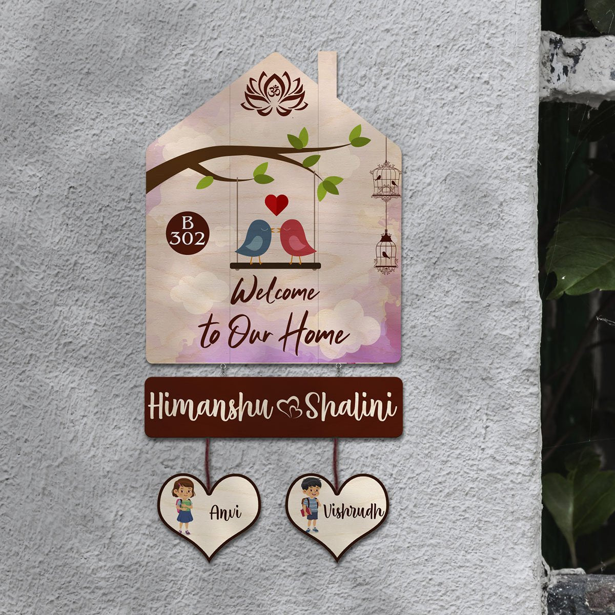 Family Name Plate Decoration – House Shape Family of 4 - Sblossom
