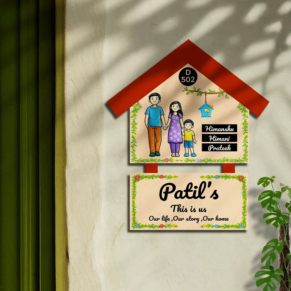 Family Name Plate Design – Cartoon Family with Birdhouse - Sblossom