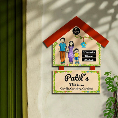 Family Name Plate Design – Cartoon Family with Birdhouse - Sblossom