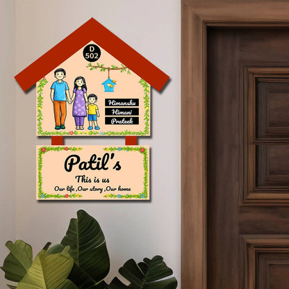 Family Name Plate Design – Cartoon Family with Birdhouse - Sblossom