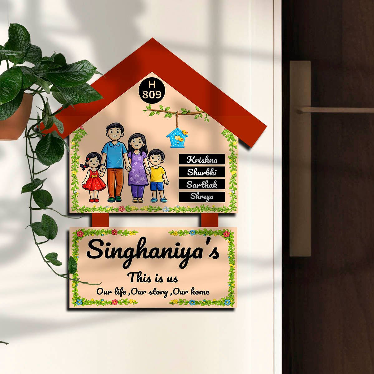 Family Name Plate Design – Cartoon Family with Birdhouse - Sblossom