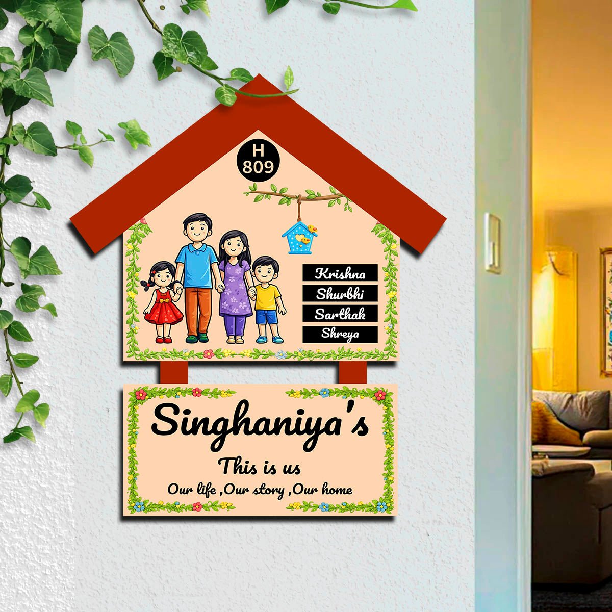 Family Name Plate Design – Cartoon Family with Birdhouse - Sblossom